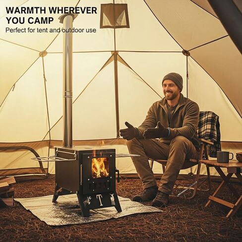 Portable Wood Burning Tent Stove for Camping & Hunting, Hot Tent Wood Stove for Outdoor Cooking & Heating, Foldable Legs & 5 Stainless Steel Chimney Pipes, Drying Rack & Gloves Included in Saudi Arabia