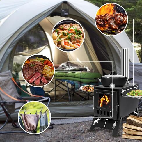 Portable Wood Burning Tent Stove for Camping & Hunting, Hot Tent Wood Stove for Outdoor Cooking & Heating, Foldable Legs & 5 Stainless Steel Chimney Pipes, Drying Rack & Gloves Included in Saudi Arabia