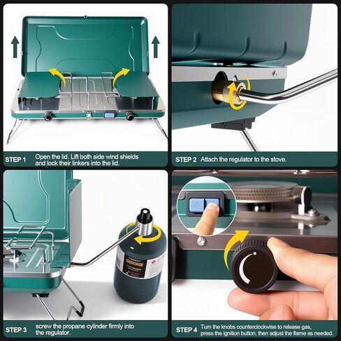 موقد تخييم محمول، موقد تخييم قابل للطي بشعلتين مع شواية وحقيبة حمل وخرطوم، موقد تخييم البروبان المحمول بقدرة 8600 وحدة حرارية بريطانية مع إشعال وشعلتين قابلتين للتعديل، للتخييم وشواية الشواء in Kuwait