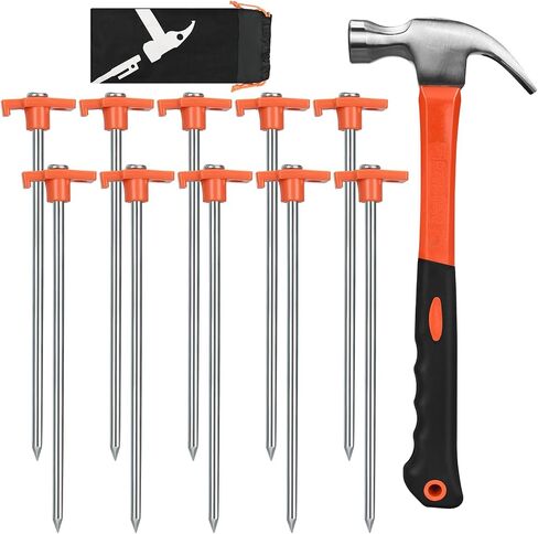 10 Pack 10in Heavy Duty Tent Stakes and Hammer Set, with Storage Pouch, for Outdoor Camping Tent, Tarp, Canopy, Picnic, Shade in Saudi Arabia