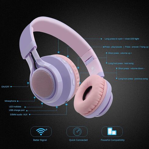 Riwbox WT-7S Kids Bluetooth Headphones Light Up, Foldable Stero Wireless Headset,with Microphone and Volume Control,Comfortable and Durable,for PC/Tablet/TV/Travel(Purple) in Saudi Arabia