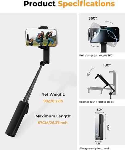 Selfie Stick with Wireless Remote – Portable Selfie Stick for iPhone & Android, Lightweight Foldable Travel Phone Holder for Cell Phone, for Photograph, Video Recording, Streaming, Black in Kuwait
