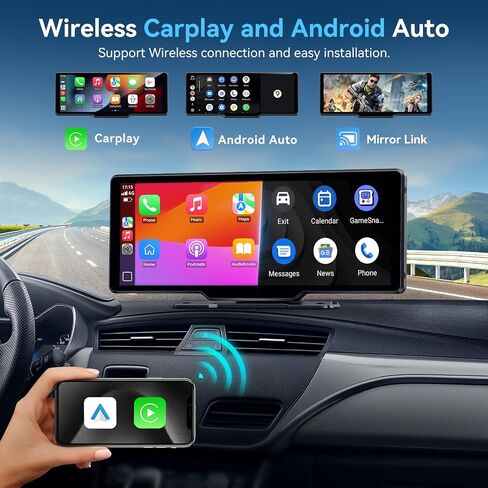 شاشة Carplay محمولة للسيارة، شاشة لمس Carplay لاسلكية 10.26 بوصة وشاشة لمس Android Auto Car Play مع كاميرا احتياطية 1080P، نظام تحديد المواقع العالمي (GPS)، التحكم الصوتي، بلوتوث 5.0 (10.26 بوصة) in Kuwait