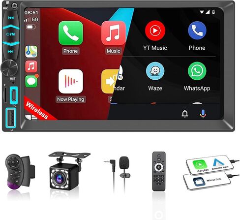 ستيريو سيارة مزدوج الدين مع شاشة لمس عالية الدقة 7 بوصات، Apple Carplay اللاسلكي وAndroid Auto، كاميرا احتياطية، بلوتوث، SWC، وصلة مرآة، نوع C، مستقبل راديو السيارة FM/AM in Kuwait