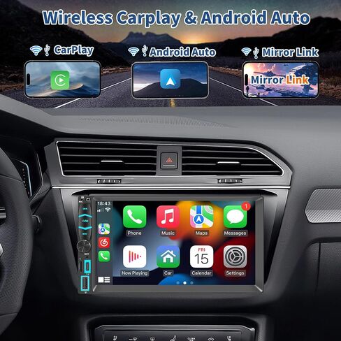 ستيريو سيارة مزدوج الدين مع شاشة لمس عالية الدقة 7 بوصات، Apple Carplay اللاسلكي وAndroid Auto، كاميرا احتياطية، بلوتوث، SWC، وصلة مرآة، نوع C، مستقبل راديو السيارة FM/AM in Kuwait