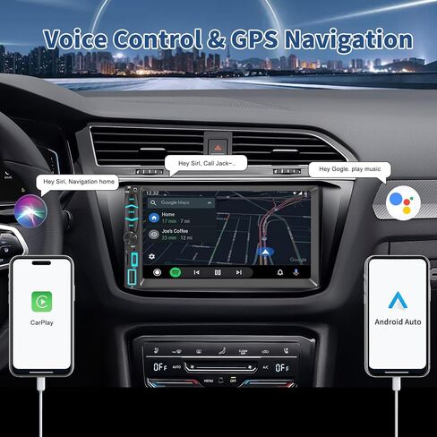 ستيريو سيارة مزدوج الدين مع شاشة لمس عالية الدقة 7 بوصات، Apple Carplay اللاسلكي وAndroid Auto، كاميرا احتياطية، بلوتوث، SWC، وصلة مرآة، نوع C، مستقبل راديو السيارة FM/AM in Kuwait