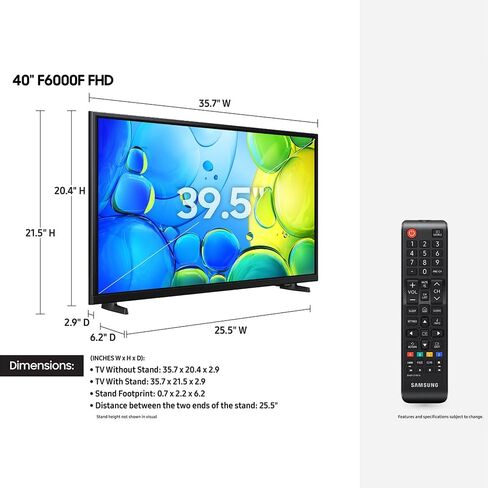 حزمة تلفزيون سامسونج UN40F6000FFXZA مقاس 40 بوصة 1080 بكسل FHD F6000F 4K الذكي (2025) مع حامل تلفزيون على الحائط مقاس 19-45 بوصة + محول زيادة التيار بـ 6 منافذ + كابل HDMI ودليل المبتدئين الكامل للمسرح المنزلي in Saudi Arabia