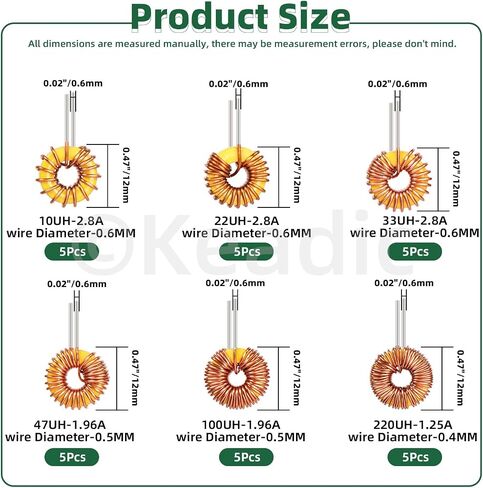 Keadic 25 Pcs Toroid Magnetic Core Inductor Copper Wire Wind Wound Assortment Kit, Inductance Coil Perfect for Transformers DIY Circuit Board（ 22UH-5A 47UH-3.8A 220UH-1.96A 330UH-1.96A 100UH-2.8A ） in Saudi Arabia