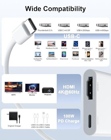 محول USB-C إلى HDMI 4K@60 هرتز مع منفذ شحن PD 100 واط لأجهزة iPhone 15/16 وMacBook Pro/Air وiPad Pro/Air وGalaxy S25–S20 وGoogle Pixel والمزيد in Kuwait