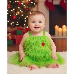 Toulite Girls Christmas Outfit Included Green Furry Skirt Christmas Romper Leg Warmers Furry Headband with Heart Xmas Clothes Costume for Xmas Newborn Toddler Baby Cute Photo Props, 12-18 Months in Kuwait