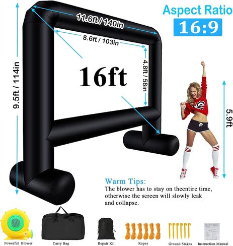16FT Inflatable Projector Screen Outdoor, Blow up Movie Screen Support Front & Rear Projection for Backyard Outdoor Movie Night Barbecue Pool Party with Blower and Carry Bag in Kuwait