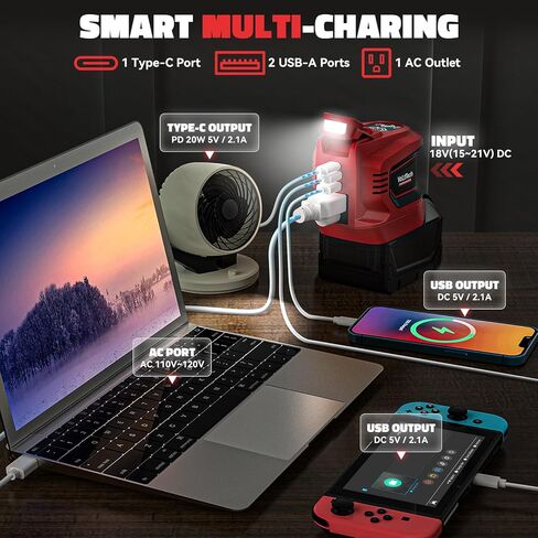 350W العاكس للطاقة لـ DeWalt: محول البطارية المحمولة شاحن الهاتف DC 20V إلى AC 110-120V التخييم مع 2 USB-A & 2 Type-C & 2 AC Outlet و 7 Colors RGB & 4 LED ضوء (بدون بطارية) in Kuwait