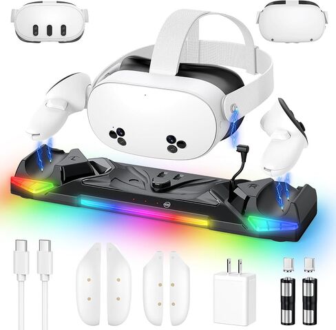 30W Fast Controller Charging Dock for Meta Quest 3S/3/2 Headset | Magnetic Charger Station Stand for Oculus Quest 3S/3/2 Accessories, 11 RGB Light, 2 Rechargeable Batteries & Covers, Round in Saudi Arabia