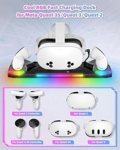 30W Fast Controller Charging Dock for Meta Quest 3S/3/2 Headset | Magnetic Charger Station Stand for Oculus Quest 3S/3/2 Accessories, 11 RGB Light, 2 Rechargeable Batteries & Covers, Round in Saudi Arabia