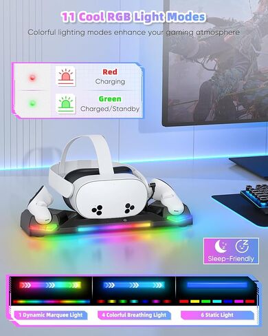 30W Fast Controller Charging Dock for Meta Quest 3S/3/2 Headset | Magnetic Charger Station Stand for Oculus Quest 3S/3/2 Accessories, 11 RGB Light, 2 Rechargeable Batteries & Covers, Round in Saudi Arabia
