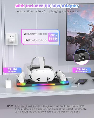 30W Fast Controller Charging Dock for Meta Quest 3S/3/2 Headset | Magnetic Charger Station Stand for Oculus Quest 3S/3/2 Accessories, 11 RGB Light, 2 Rechargeable Batteries & Covers, Round in Saudi Arabia