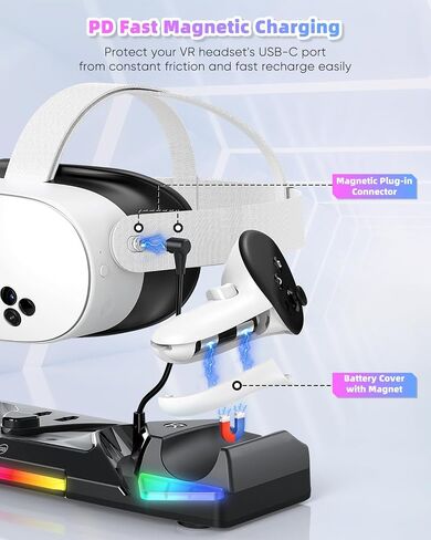 30W Fast Controller Charging Dock for Meta Quest 3S/3/2 Headset | Magnetic Charger Station Stand for Oculus Quest 3S/3/2 Accessories, 11 RGB Light, 2 Rechargeable Batteries & Covers, Round in Saudi Arabia