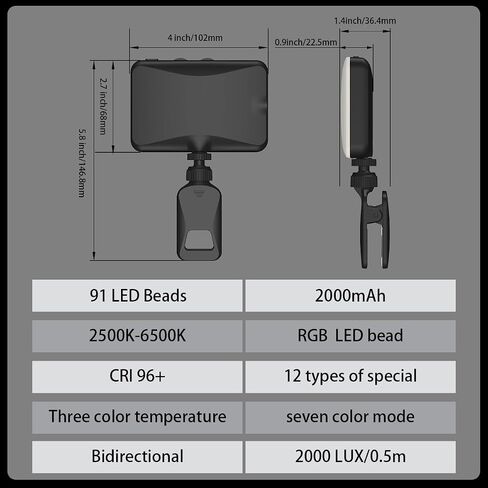 Selfie Light with Power Bank & RGB & 3 Light Modes, 91 LEDs 96+ CRI Studio Lighting, 2000mAh Portable Fill Light Clip-On with 360° Rotation, Phone & Camera Clip for TikTok YouTube Content Creators in Saudi Arabia