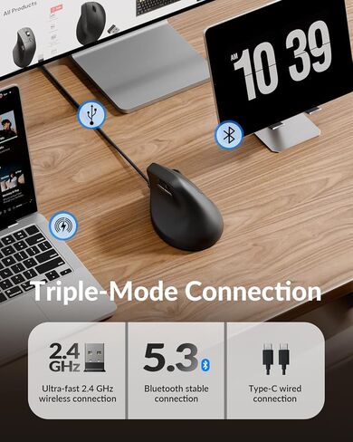 ماوس Keychron M5 8K عمودي مريح لاسلكي، 2.4 جيجا هرتز/بلوتوث 5.3/ماوس كمبيوتر سلكي قابل لإعادة الشحن، 5 مستويات تصل إلى 30 ألف نقطة لكل بوصة مع أزرار قابلة للبرمجة لأجهزة الكمبيوتر المحمول macOS/Windows - أسود in Kuwait