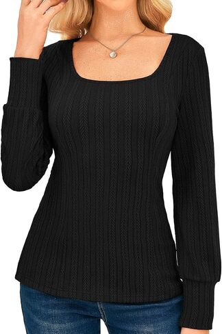 GRACE KARIN Womens Fall Long Sleeve Trendy Tops 2025 Square Neck Ribbed Casual Shirts Cozy Basic Sweater in Saudi Arabia