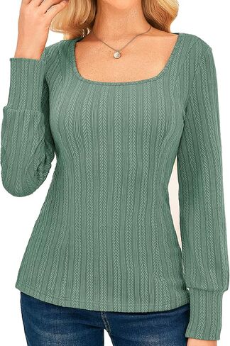 GRACE KARIN Womens Fall Long Sleeve Trendy Tops 2025 Square Neck Ribbed Casual Shirts Cozy Basic Sweater in Saudi Arabia