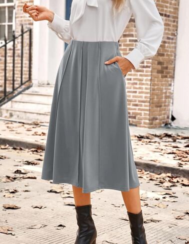 Kate Kasin Women's Women's Midi Skirt 2025 Fall High Pherced Cknee Lene Flowy A Line Swing Casual Flared Vertts مع جيوب in Saudi Arabia