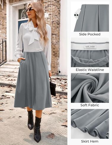 Kate Kasin Women's Women's Midi Skirt 2025 Fall High Pherced Cknee Lene Flowy A Line Swing Casual Flared Vertts مع جيوب in Saudi Arabia