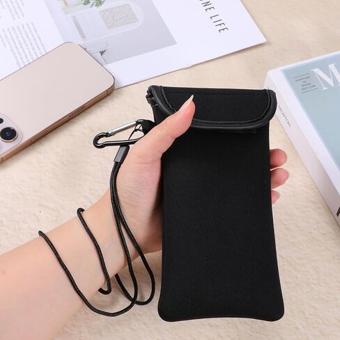 Neoprene Phone Pouch with Lanyard and Carabiner Universal Mobile Phone Sleeve for Travelling Hiking 7 Inches Long (Black) in Saudi Arabia