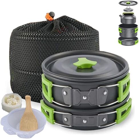 طقم أواني ومقالي للتخييم 10 قطع مع أوعية بلاستيكية وملعقة شوربة للتخييم والطبخ في الهواء الطلق والنزهات وحقائب الظهر (أخضر) in Kuwait