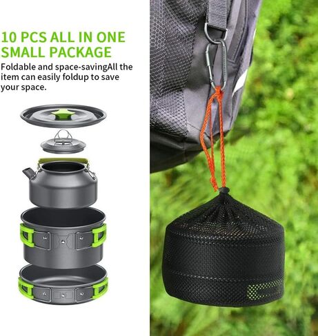 طقم أواني ومقالي للتخييم 10 قطع مع أوعية بلاستيكية وملعقة شوربة للتخييم والطبخ في الهواء الطلق والنزهات وحقائب الظهر (أخضر) in Kuwait