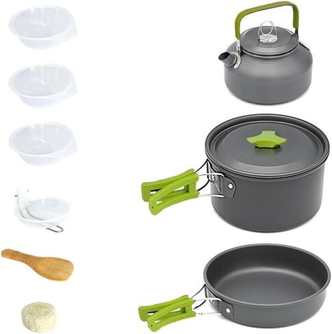 طقم أواني ومقالي للتخييم 10 قطع مع أوعية بلاستيكية وملعقة شوربة للتخييم والطبخ في الهواء الطلق والنزهات وحقائب الظهر (أخضر) in Kuwait
