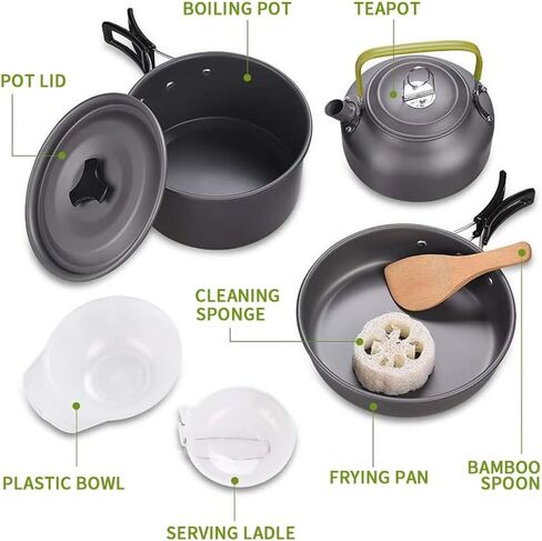 طقم أواني ومقالي للتخييم 10 قطع مع أوعية بلاستيكية وملعقة شوربة للتخييم والطبخ في الهواء الطلق والنزهات وحقائب الظهر (أخضر) in Kuwait