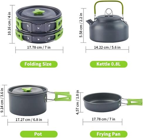 طقم أواني ومقالي للتخييم 10 قطع مع أوعية بلاستيكية وملعقة شوربة للتخييم والطبخ في الهواء الطلق والنزهات وحقائب الظهر (أخضر) in Kuwait