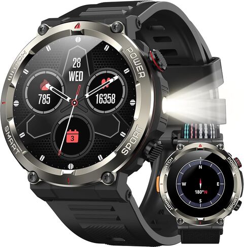 IOWODO Military Smart Watch for Men (Answer/Dial Calls), 1.45" Fitness Tracker with 100-Day Battery/Flashlight/Compass/Heart Rate/120+ Sports Modes IP68 Waterproof Smartwatch for iOS Android(2 Straps) in Saudi Arabia