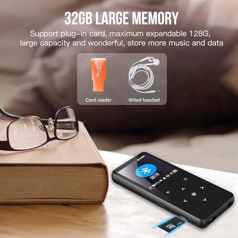 مشغل MP3 سعة 32 جيجابايت مزود بتقنية Bluetooth 5.0، ومشغل موسيقى مع مكبر صوت عالي الدقة مدمج للأطفال، ومسجل صوت راديو MP3 FM، وكتاب إلكتروني بصوت HiFi للرياضة (تشمل سماعات الأذن) in Kuwait