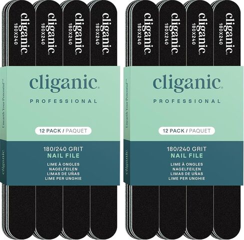 12 Pack Nail File Set: 180/240 Grit | Professional Emery Boards for Natural, Gel & Acrylic Nails | Washable Double Sided Kit | Cliganic 90 Days Warranty in Saudi Arabia