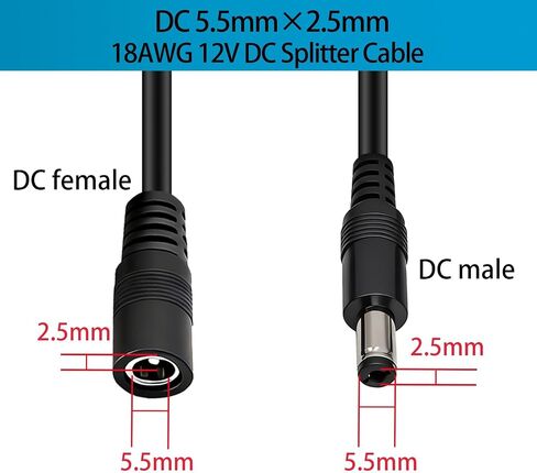 3-Pack 18AWG DC 5.5mm x 2.5mm 12V/24V DC Power Splitter Cable, 1 Female to 2 Male for CCTV Surveillance Cameras, LED Light Strips, and other Devices with Single Input and Dual Output Power Supply. in Kuwait
