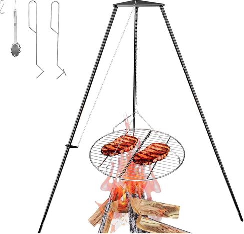 Campfire Tripod for Cooking, Portable & Collapsible Camping Cooking Tripod Grill with Round Grate for BBQ Picnic Outdoor Cookware Party (Swing Campfire Grill Stand) in Saudi Arabia