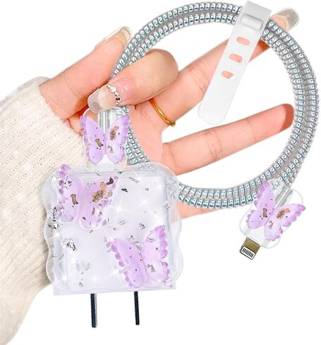 حامي كابل Glitter Wave لشاحن محول iPhone 18W / 20W، نمط فراشة فاخر لطيف، كابل خط بيانات شفاف USB-C سلك موفر شاحن حامي لـ iPhone 11 12 13 14 15 Pro Max-Purple in Kuwait