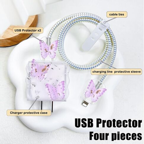 حامي كابل Glitter Wave لشاحن محول iPhone 18W / 20W، نمط فراشة فاخر لطيف، كابل خط بيانات شفاف USB-C سلك موفر شاحن حامي لـ iPhone 11 12 13 14 15 Pro Max-Purple in Kuwait