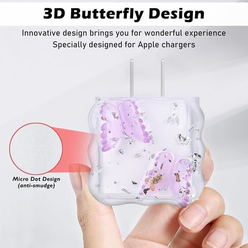 حامي كابل Glitter Wave لشاحن محول iPhone 18W / 20W، نمط فراشة فاخر لطيف، كابل خط بيانات شفاف USB-C سلك موفر شاحن حامي لـ iPhone 11 12 13 14 15 Pro Max-Purple in Kuwait