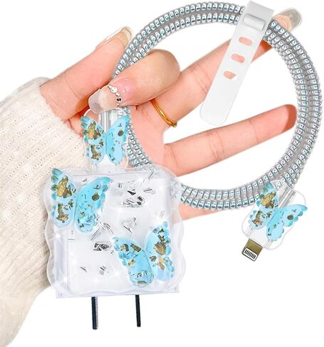 CameCosy Glitter Cable Protector for iPhone Adapter Wave Edge Cute Butterfly Pattern, Clear Data Line Cable Wire Saver Luxury Cord Charging Protector for iPhone 11 12 13 14 15 Pro Max- Purple Pink in Saudi Arabia