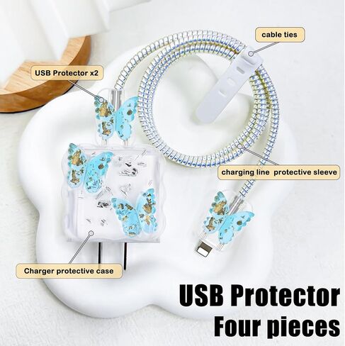 CameCosy Glitter Cable Protector for iPhone Adapter Wave Edge Cute Butterfly Pattern, Clear Data Line Cable Wire Saver Luxury Cord Charging Protector for iPhone 11 12 13 14 15 Pro Max- Purple Pink in Saudi Arabia