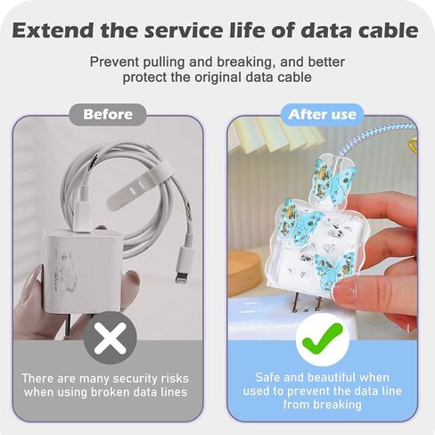 CameCosy Glitter Cable Protector for iPhone Adapter Wave Edge Cute Butterfly Pattern, Clear Data Line Cable Wire Saver Luxury Cord Charging Protector for iPhone 11 12 13 14 15 Pro Max- Purple Pink in Saudi Arabia