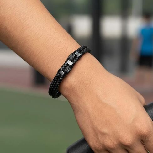 black genuine leather bracelet for men with adjustable stainless steel magnetic clasp - multi-layer braided rope design - stylish bracelet for men Fits wrist sizes 6.1-7.5 inches. in Saudi Arabia