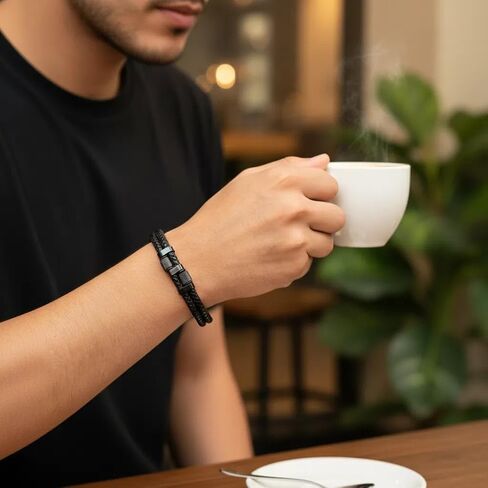 black genuine leather bracelet for men with adjustable stainless steel magnetic clasp - multi-layer braided rope design - stylish bracelet for men Fits wrist sizes 6.1-7.5 inches. in Saudi Arabia
