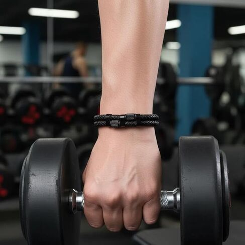 black genuine leather bracelet for men with adjustable stainless steel magnetic clasp - multi-layer braided rope design - stylish bracelet for men Fits wrist sizes 6.1-7.5 inches. in Saudi Arabia