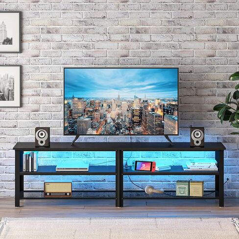 Clikuutory Modern Black 71 inch Metal TV Stand with LED Lights and Power Outlets for 50 60 65 70 75 80 Inch TVs, 3 Tier Television Stands with Entertainment Center and Storage for Living Room, Bedroom in Saudi Arabia