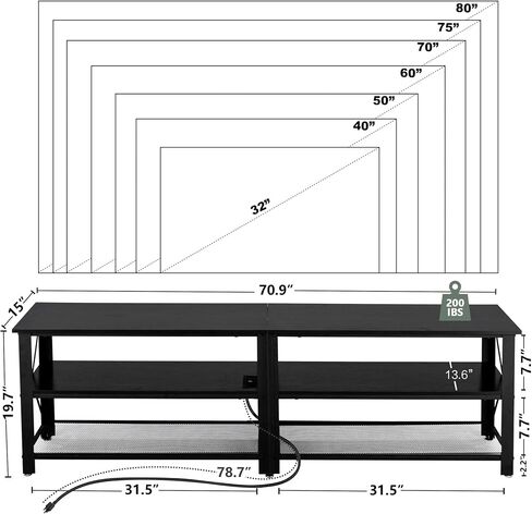 Clikuutory Modern Black 71 inch Metal TV Stand with LED Lights and Power Outlets for 50 60 65 70 75 80 Inch TVs, 3 Tier Television Stands with Entertainment Center and Storage for Living Room, Bedroom in Saudi Arabia