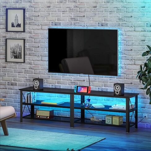 Clikuutory Modern Black 71 inch Metal TV Stand with LED Lights and Power Outlets for 50 60 65 70 75 80 Inch TVs, 3 Tier Television Stands with Entertainment Center and Storage for Living Room, Bedroom in Saudi Arabia